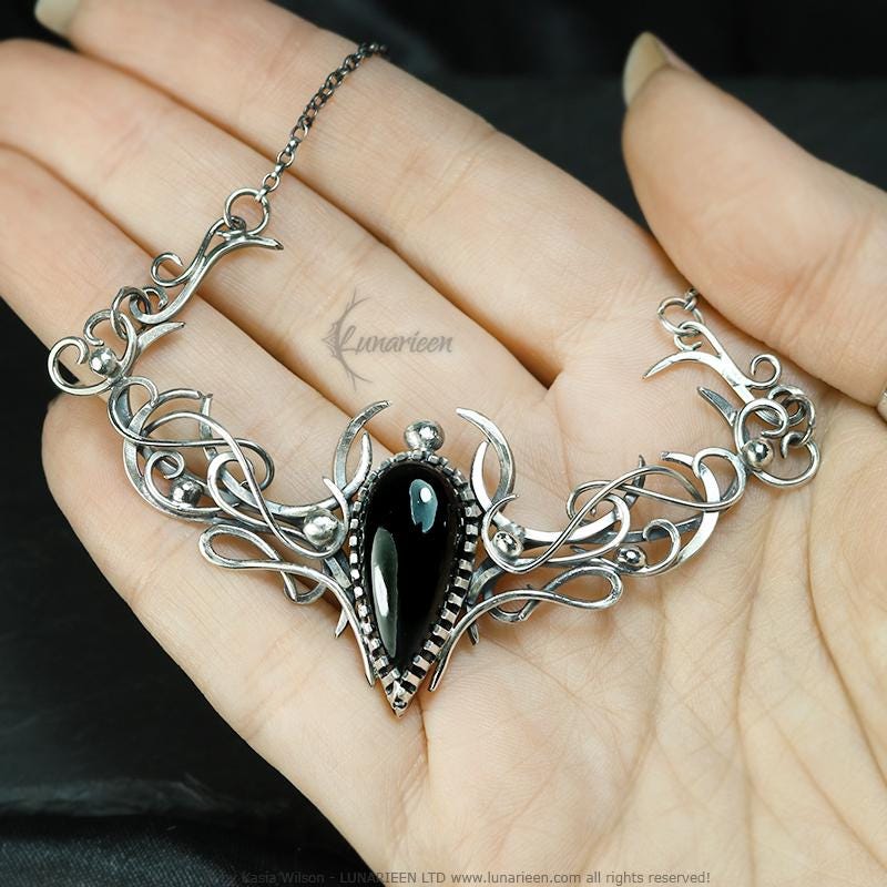 Sterling Silver necklace Black Onyx choker jewelry Elven unique pendant fantasy gothic witchy vampire fashion gift goth jewellery