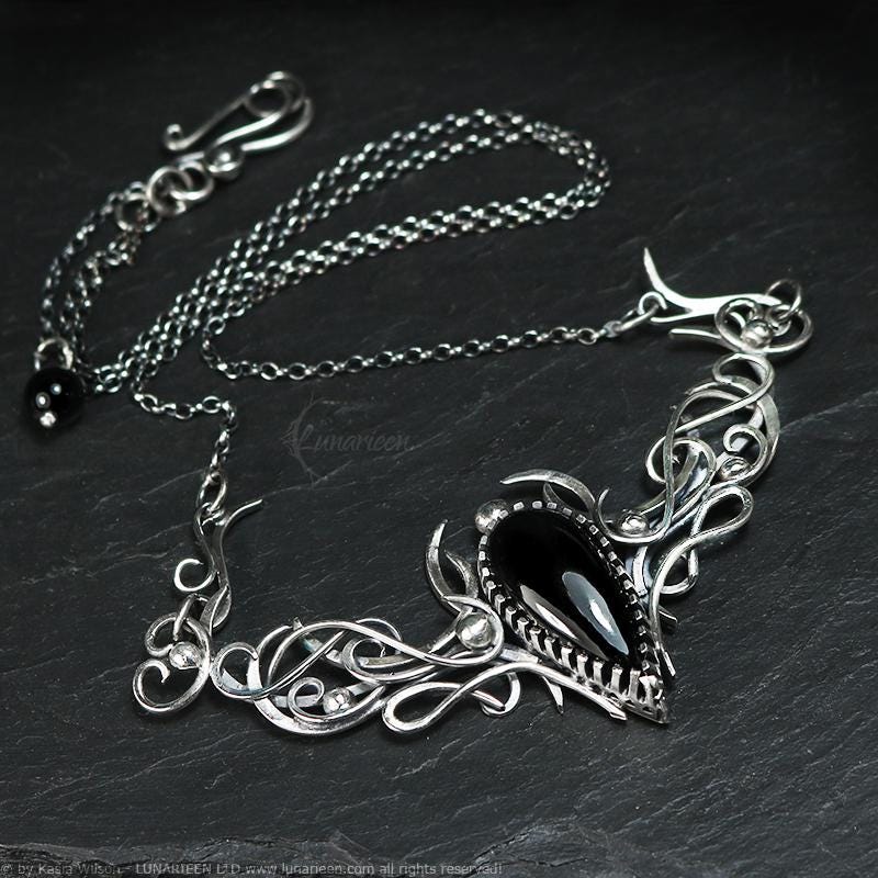 Sterling Silver necklace Black Onyx choker jewelry Elven unique pendant fantasy gothic witchy vampire fashion gift goth jewellery
