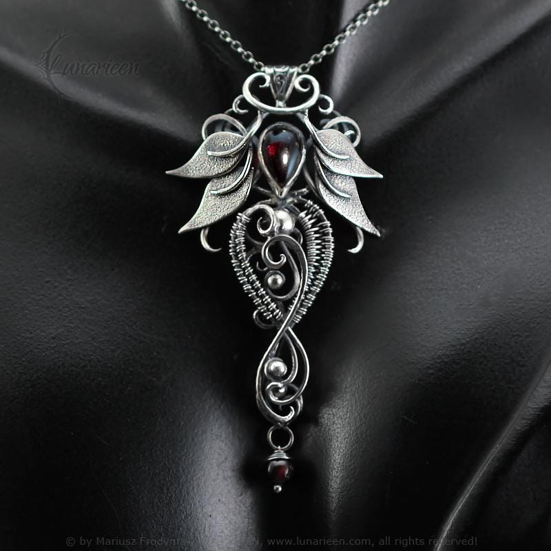 Sterling Silver Wire wrapped Floral Filigree Necklace Pendant Garnet Labradorite Fantasy Elven Elvish Unique Gift Jewellery Jewelry