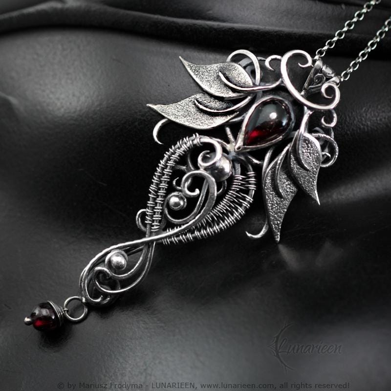 Sterling Silver Wire wrapped Floral Filigree Necklace Pendant Garnet Labradorite Fantasy Elven Elvish Unique Gift Jewellery Jewelry
