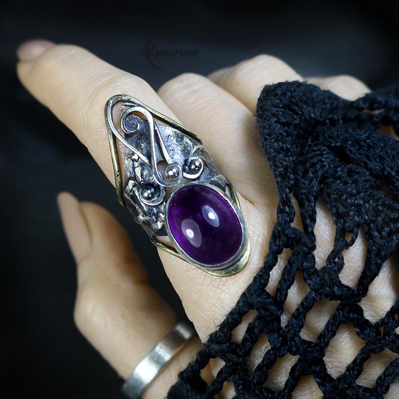 Handcrafted Rustic Brutalist Artisan Textured Purple Amethyst Oxidized Silver Brass Antique Gothic Hammered Trendy Jewelry Unique Ring