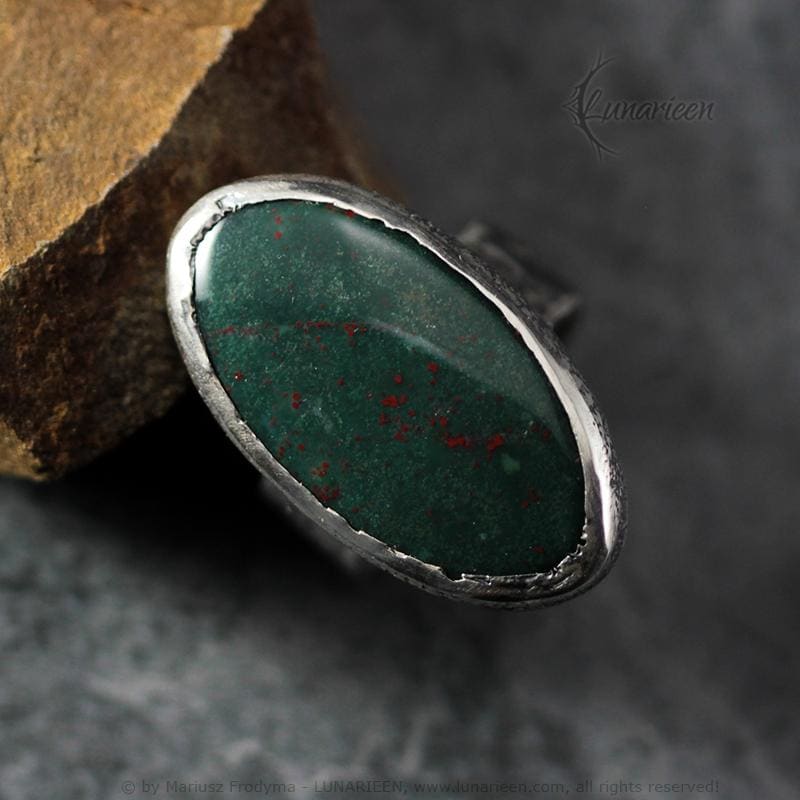 Handcrafted Rustic Sterling Silver Classic Antique Vintage Brutalist Style Natural Bloodstone Hammered Gothic Statement Unique Ring