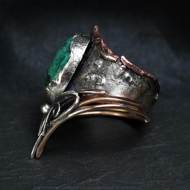 Handcrafted Rustic Brutalist Artisan Textured Chrysocolla Oxidized Silver Copper Bronze Antique Gothic Hammered Trendy Jewelry Unique Ring