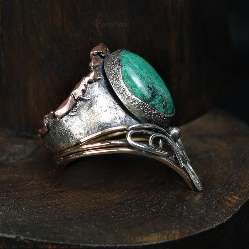 Handcrafted Rustic Brutalist Artisan Textured Chrysocolla Oxidized Silver Copper Bronze Antique Gothic Hammered Trendy Jewelry Unique Ring