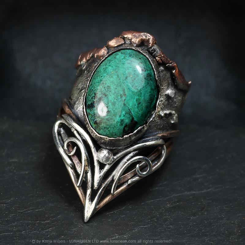 Handcrafted Rustic Brutalist Artisan Textured Chrysocolla Oxidized Silver Copper Bronze Antique Gothic Hammered Trendy Jewelry Unique Ring