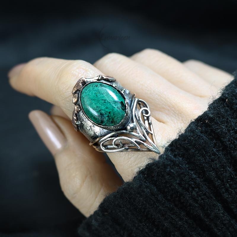 Handcrafted Rustic Brutalist Artisan Textured Chrysocolla Oxidized Silver Copper Bronze Antique Gothic Hammered Trendy Jewelry Unique Ring