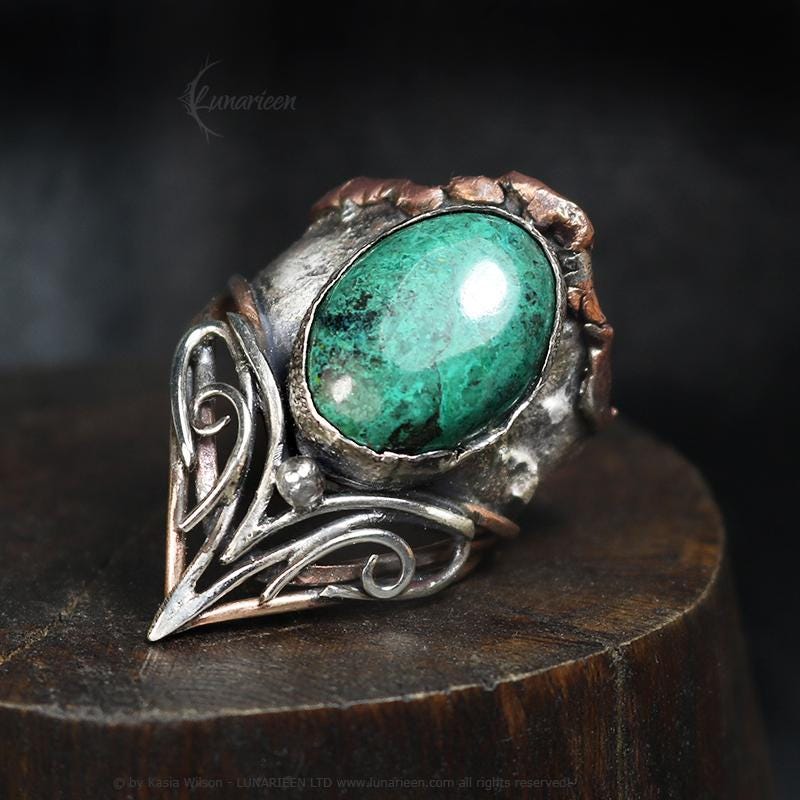 Handcrafted Rustic Brutalist Artisan Textured Chrysocolla Oxidized Silver Copper Bronze Antique Gothic Hammered Trendy Jewelry Unique Ring