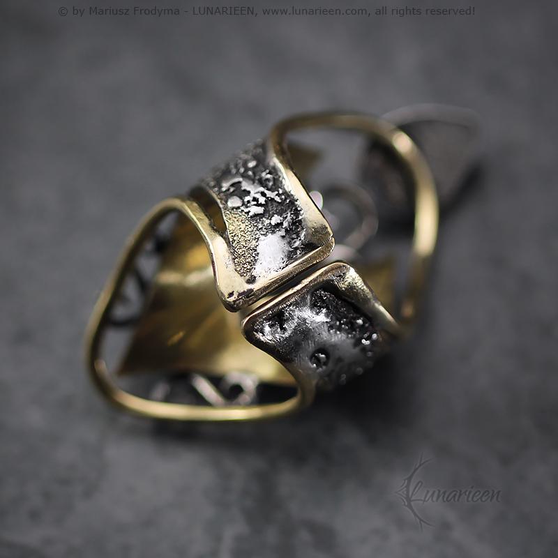 Handcrafted Rustic Brutalist Artisan Textured Garnet Oxidized Silver Brass Antique Gothic Hammered Trendy Jewelry Unique Ring