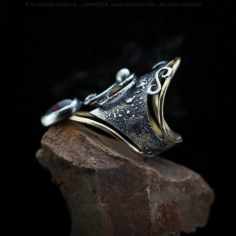 Handcrafted Rustic Brutalist Artisan Textured Garnet Oxidized Silver Brass Antique Gothic Hammered Trendy Jewelry Unique Ring