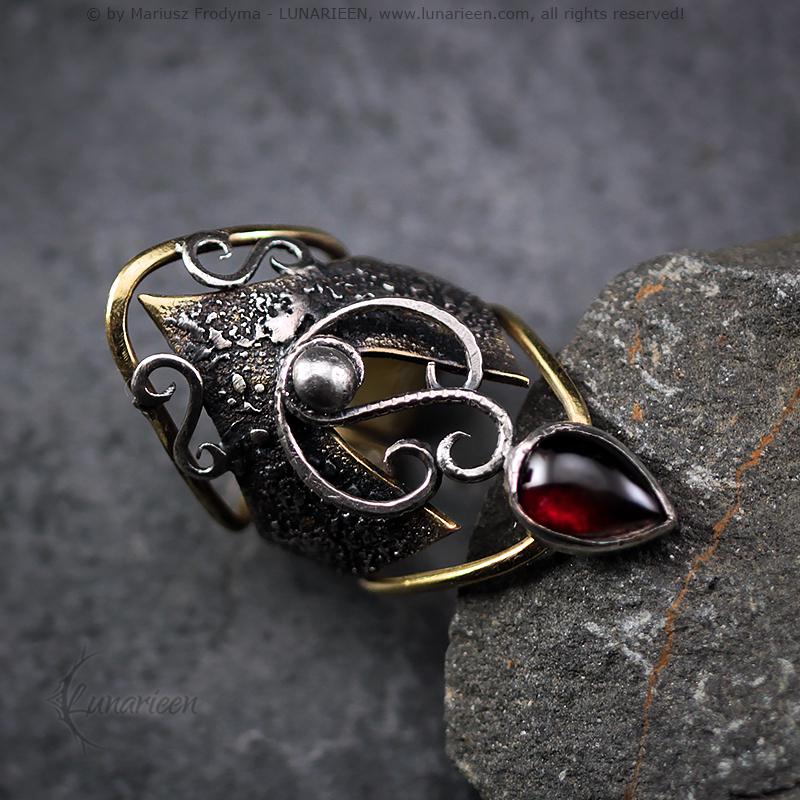 Handcrafted Rustic Brutalist Artisan Textured Garnet Oxidized Silver Brass Antique Gothic Hammered Trendy Jewelry Unique Ring