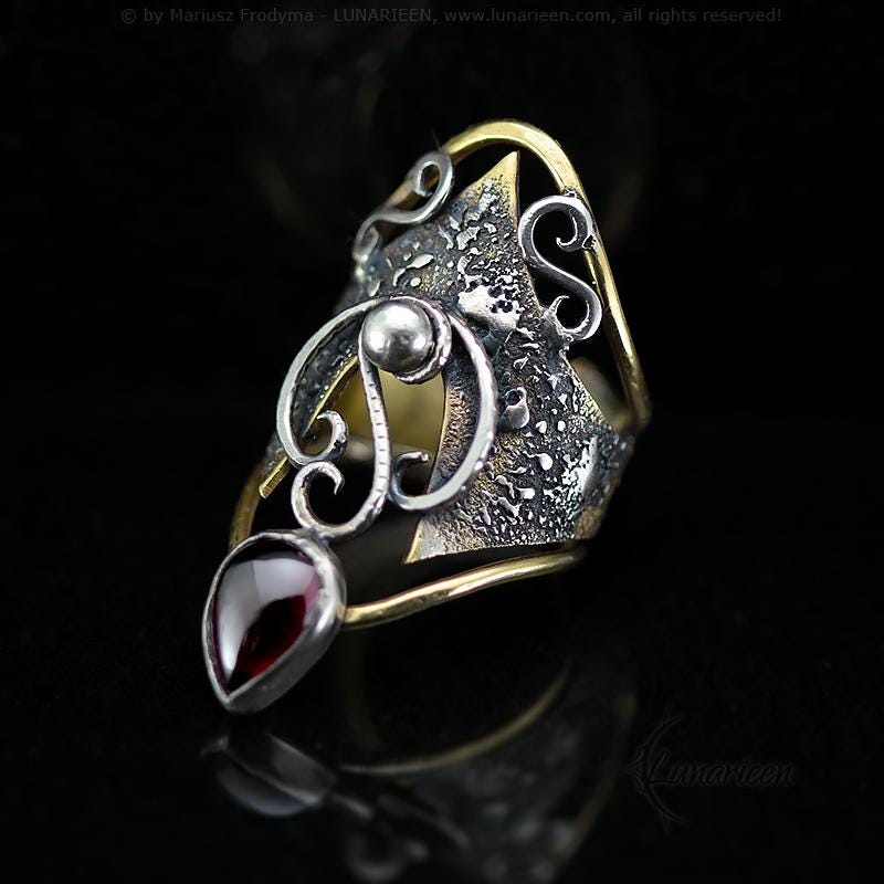 Handcrafted Rustic Brutalist Artisan Textured Garnet Oxidized Silver Brass Antique Gothic Hammered Trendy Jewelry Unique Ring