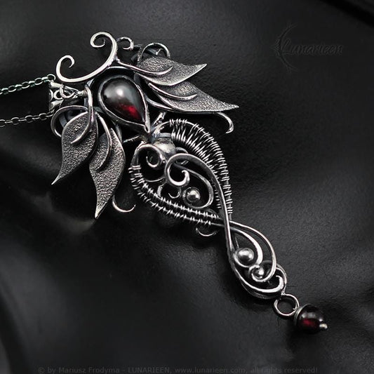 Sterling Silver Wire wrapped Floral Filigree Necklace Pendant Garnet Labradorite Fantasy Elven Elvish Unique Gift Jewellery Jewelry