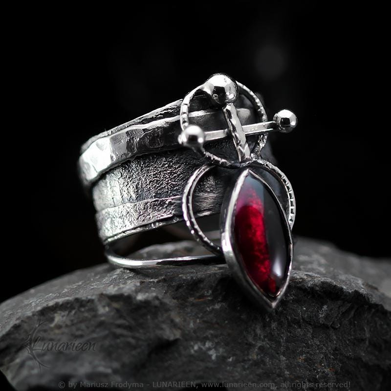 Handcrafted Sterling Silver Ring with Garnet Artisan Textured Modern Jewelry Gothic Witchy Hammered Trendy Unique Statement Ring