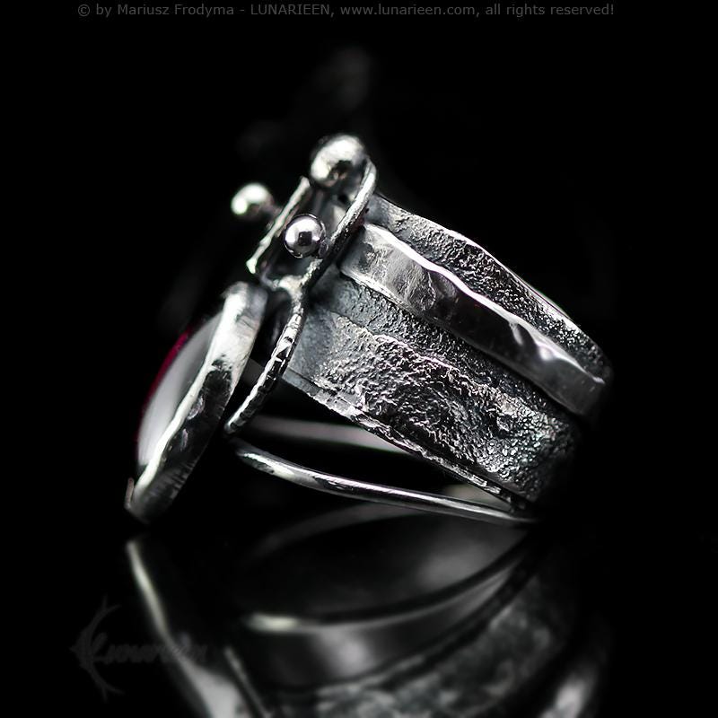 Handcrafted Sterling Silver Ring with Garnet Artisan Textured Modern Jewelry Gothic Witchy Hammered Trendy Unique Statement Ring