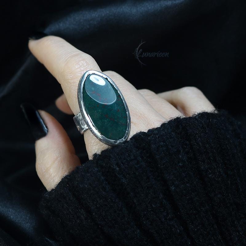 Handcrafted Rustic Sterling Silver Classic Antique Vintage Brutalist Style Natural Bloodstone Hammered Gothic Statement Unique Ring