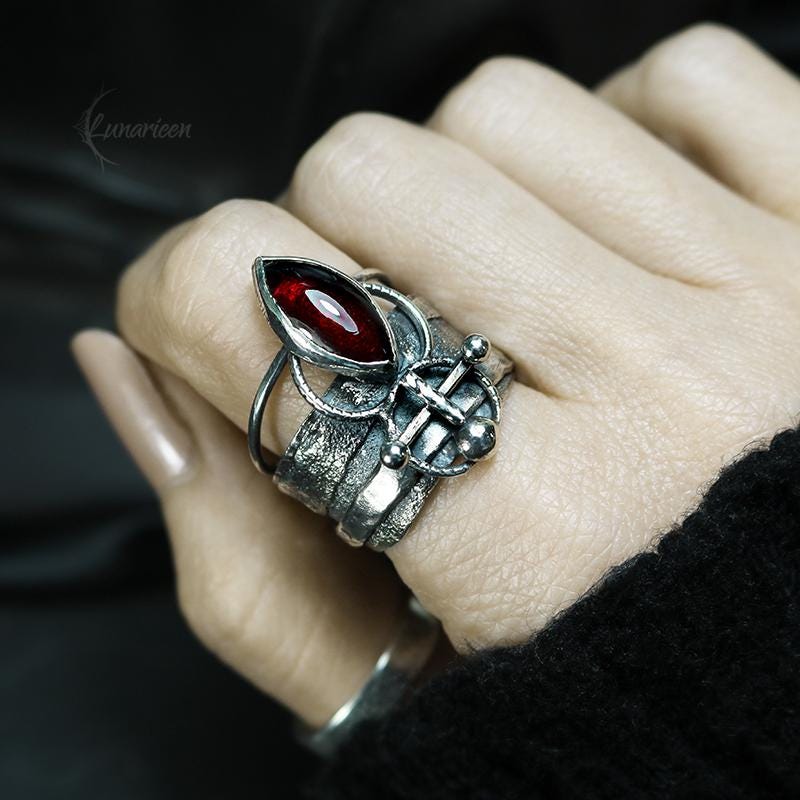 Handcrafted Sterling Silver Ring with Garnet Artisan Textured Modern Jewelry Gothic Witchy Hammered Trendy Unique Statement Ring