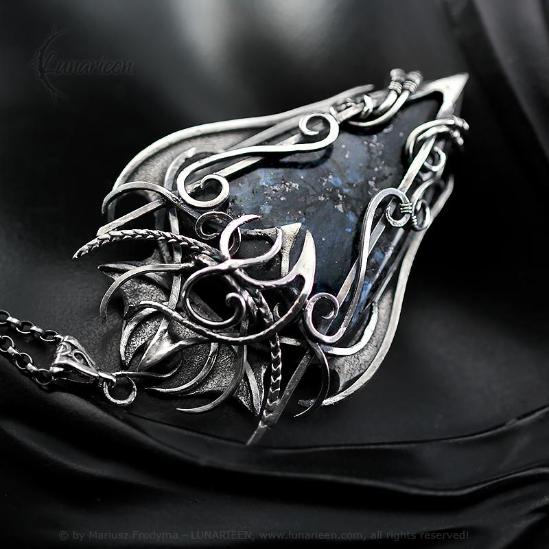 Sterling Silver, Large Fantasy Gothic style Necklace Pendant Larvikite Vampire Elven Witchy Jewellery, Unisex Unique gift