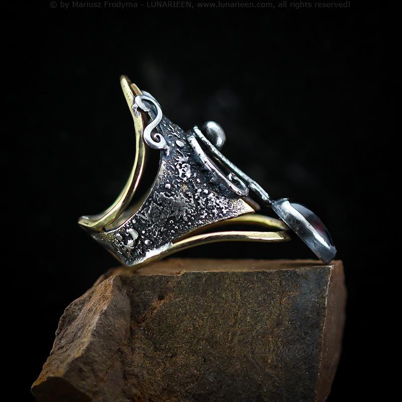 Handcrafted Rustic Brutalist Artisan Textured Garnet Oxidized Silver Brass Antique Gothic Hammered Trendy Jewelry Unique Ring