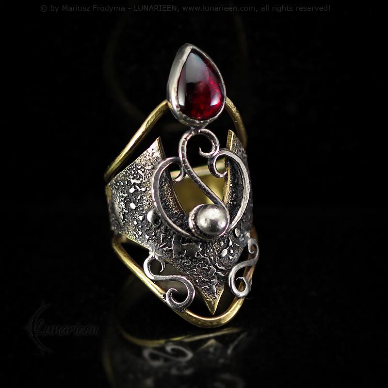 Handcrafted Rustic Brutalist Artisan Textured Garnet Oxidized Silver Brass Antique Gothic Hammered Trendy Jewelry Unique Ring