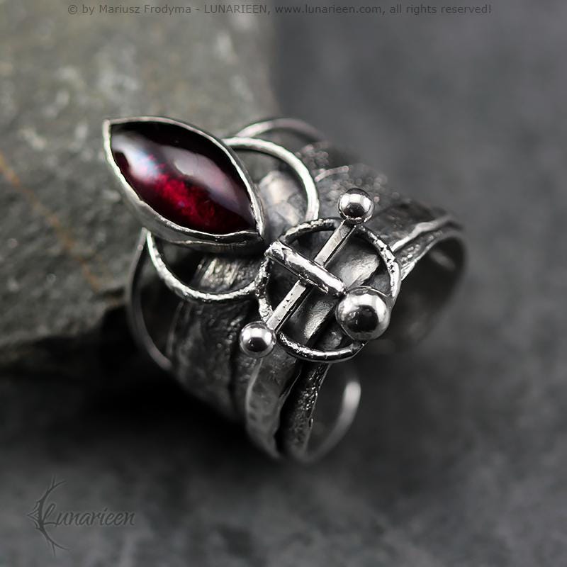 Handcrafted Sterling Silver Ring with Garnet Artisan Textured Modern Jewelry Gothic Witchy Hammered Trendy Unique Statement Ring
