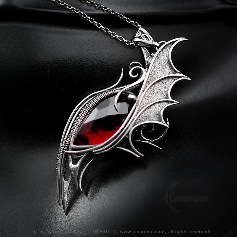 Sterling Silver Wire Wrapped Dragon’s Eye Pendant Necklace Red Quartz Gothic Fantasy Dragon Wings Unique Gift Jewellery Jewelry