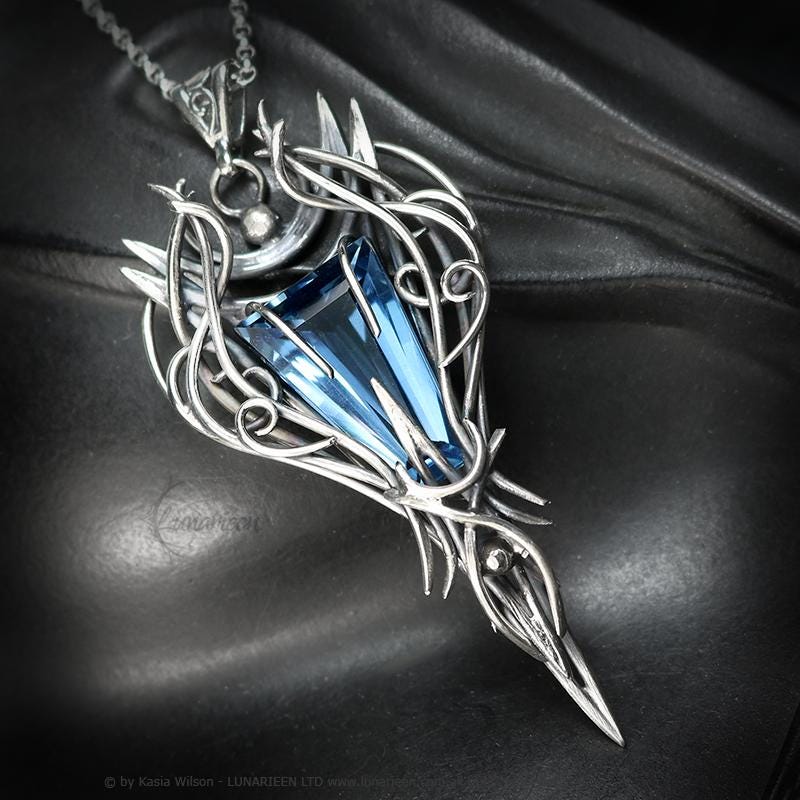 Sterling Silver Vampire Gothic necklace with Blue Topaz Pendant alternative artisan jewellery unique gift fantasy witchy jewelry for vamp