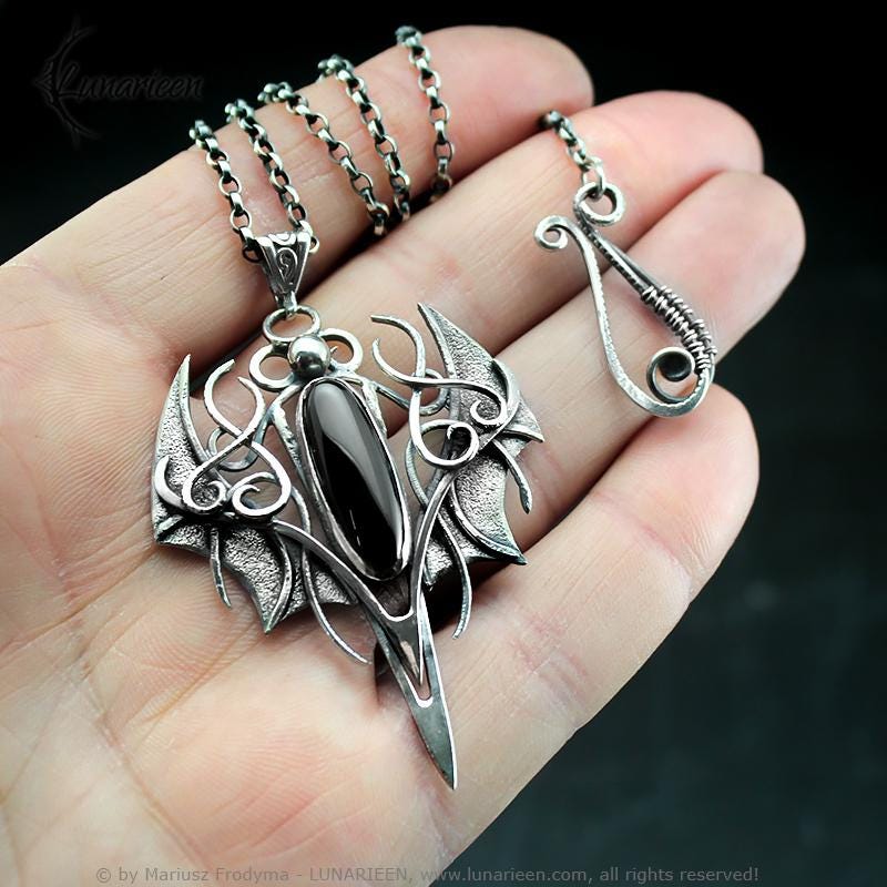 Sterling Silver Vampire Bat Gothic necklace with black Onyx Pendant alternative artisan jewellery unique gift fantasy vampire jewelry