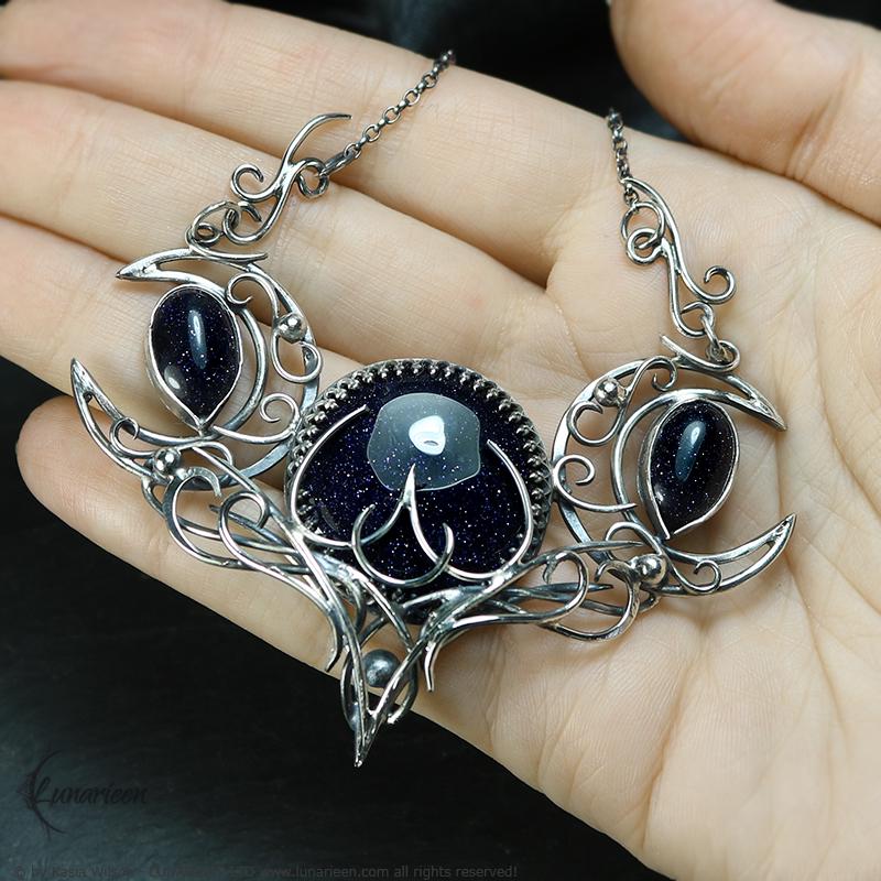 Sterling Silver gothic alternative triple moon pagan necklace choker goth witchy jewelry Elven unique pendant fantasy vampire fashion gift