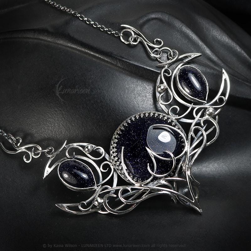 Sterling Silver gothic alternative triple moon pagan necklace choker goth witchy jewelry Elven unique pendant fantasy vampire fashion gift