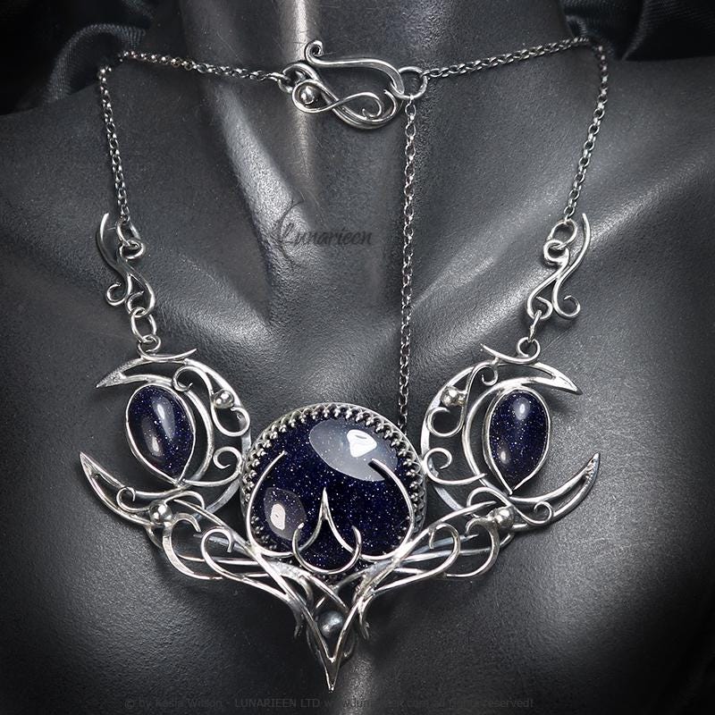 Sterling Silver gothic alternative triple moon pagan necklace choker goth witchy jewelry Elven unique pendant fantasy vampire fashion gift