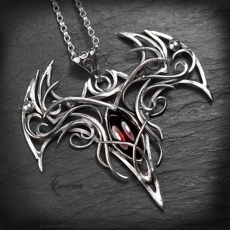 Sterling Silver Vampire Bat Gothic necklace with Red Garnet Pendant alternative artisan jewellery unique gift fantasy vampire jewelry