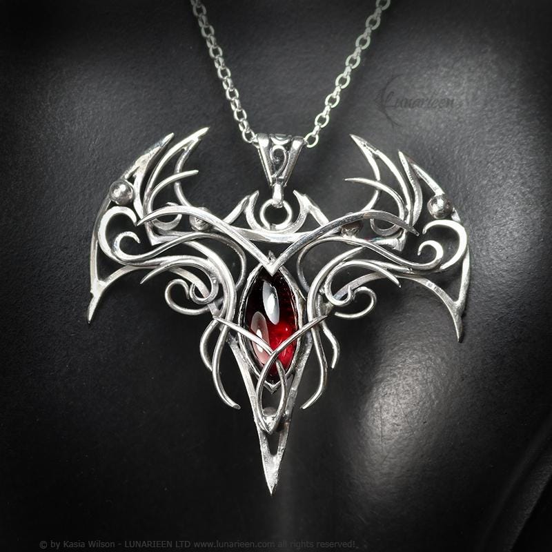 Sterling Silver Vampire Bat Gothic necklace with Red Garnet Pendant alternative artisan jewellery unique gift fantasy vampire jewelry