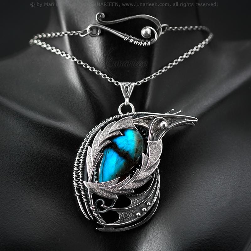 Sterling Silver Wire Wrapped Dragon’s Eye Pendant Necklace Blue Labradorite Gothic Fantasy Dragon Wings Unique Gift Jewellery Jewelry