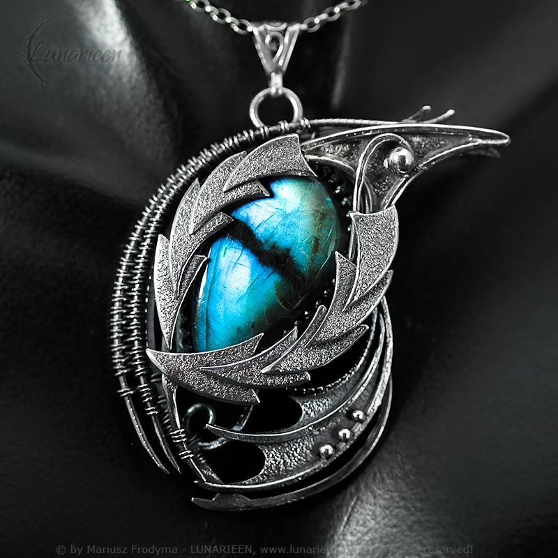 Sterling Silver Wire Wrapped Dragon’s Eye Pendant Necklace Blue Labradorite Gothic Fantasy Dragon Wings Unique Gift Jewellery Jewelry