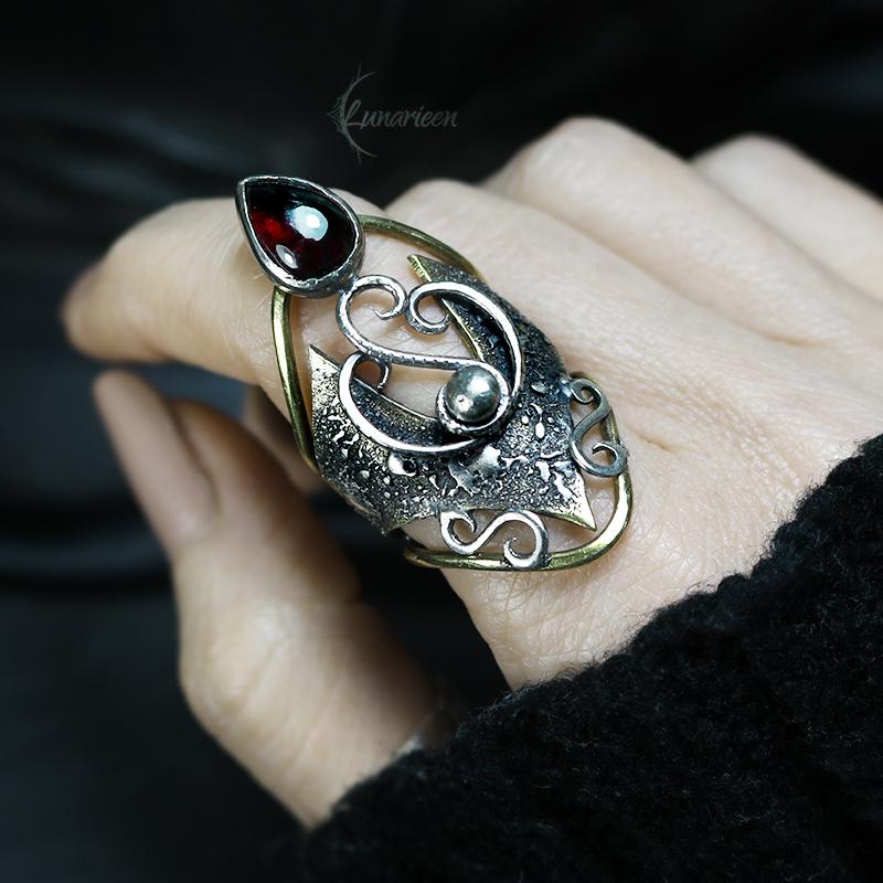 Handcrafted Rustic Brutalist Artisan Textured Garnet Oxidized Silver Brass Antique Gothic Hammered Trendy Jewelry Unique Ring