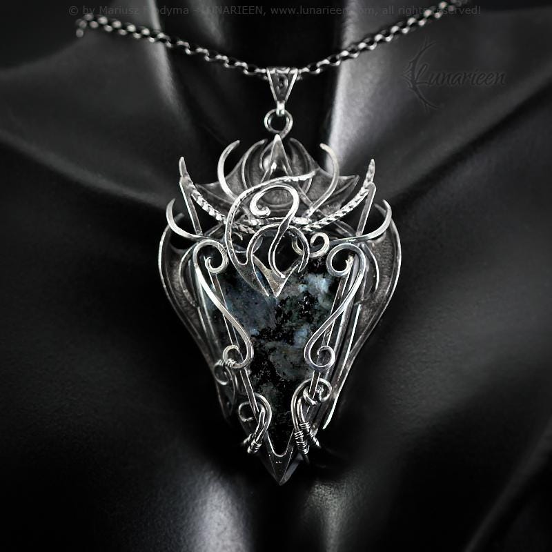 Sterling Silver, Large Fantasy Gothic style Necklace Pendant Larvikite Vampire Elven Witchy Jewellery, Unisex Unique gift
