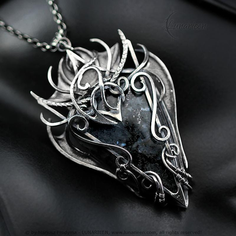 Sterling Silver, Large Fantasy Gothic style Necklace Pendant Larvikite Vampire Elven Witchy Jewellery, Unisex Unique gift