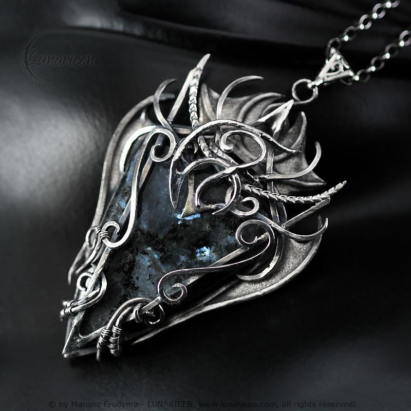 Sterling Silver, Large Fantasy Gothic style Necklace Pendant Larvikite Vampire Elven Witchy Jewellery, Unisex Unique gift
