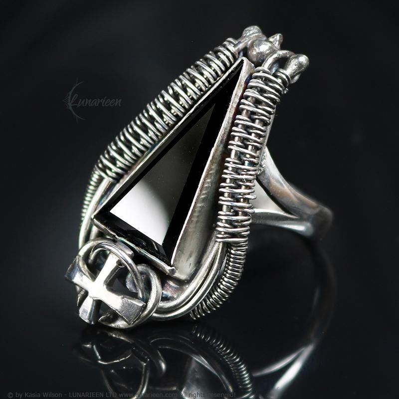 Handcrafted Ring Black Onyx Artisan Jewelry Oxidized Sterling Silver Gothic Witchy Trendy Unique Statement Ring Wire Wrapping Alternative