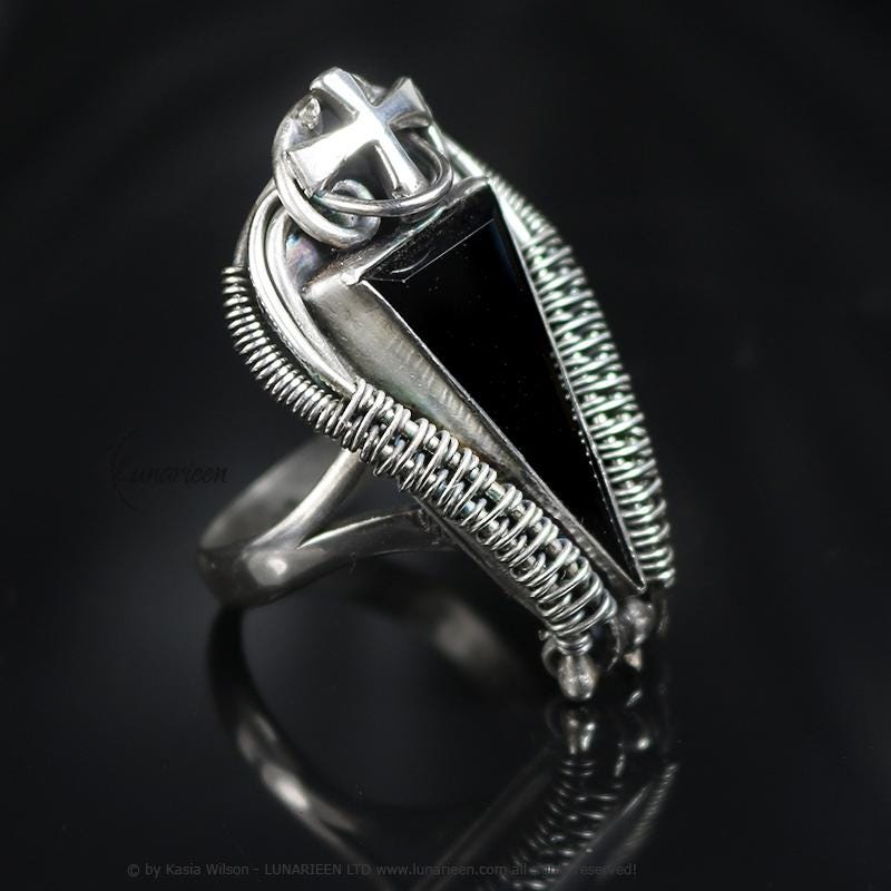 Handcrafted Ring Black Onyx Artisan Jewelry Oxidized Sterling Silver Gothic Witchy Trendy Unique Statement Ring Wire Wrapping Alternative