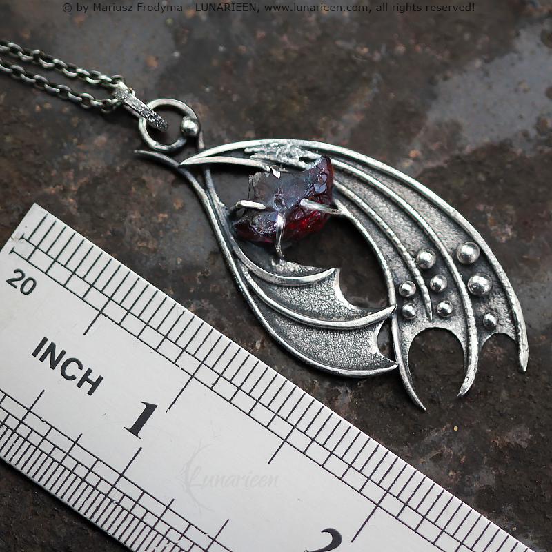 Handcrafted Ornate Textured Sterling Silver Gothic Fantasy Dragon Wings Pendant Necklace Rough Red Garnet Oxidized Fancy Shape Unique Gift