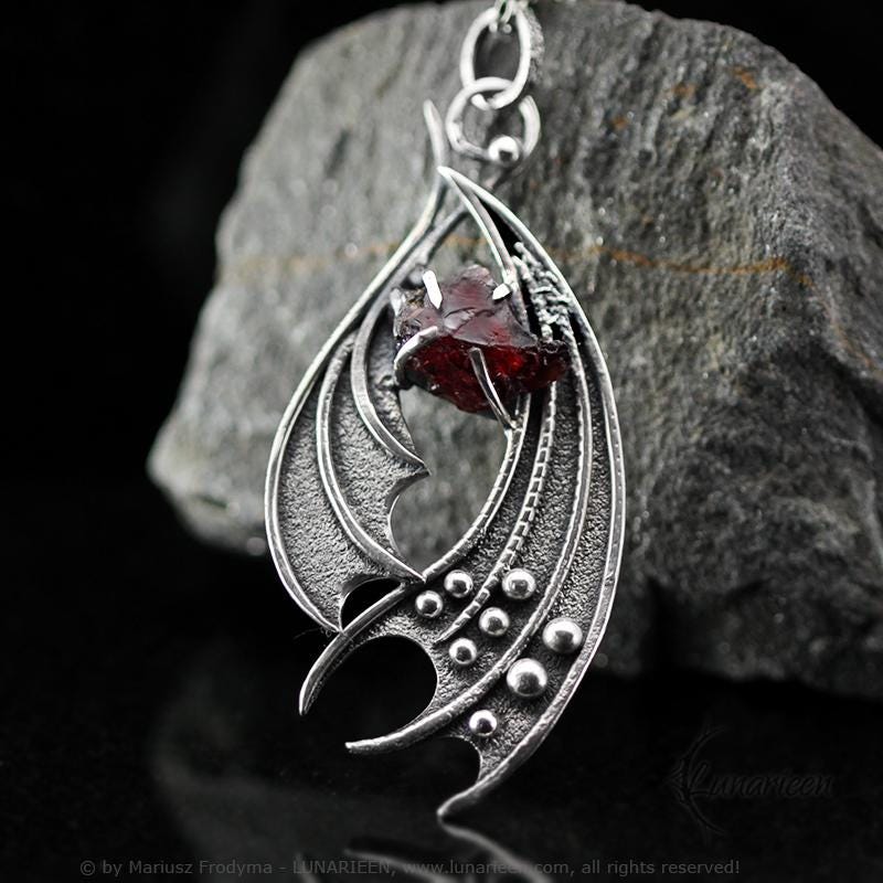 Handcrafted Ornate Textured Sterling Silver Gothic Fantasy Dragon Wings Pendant Necklace Rough Red Garnet Oxidized Fancy Shape Unique Gift