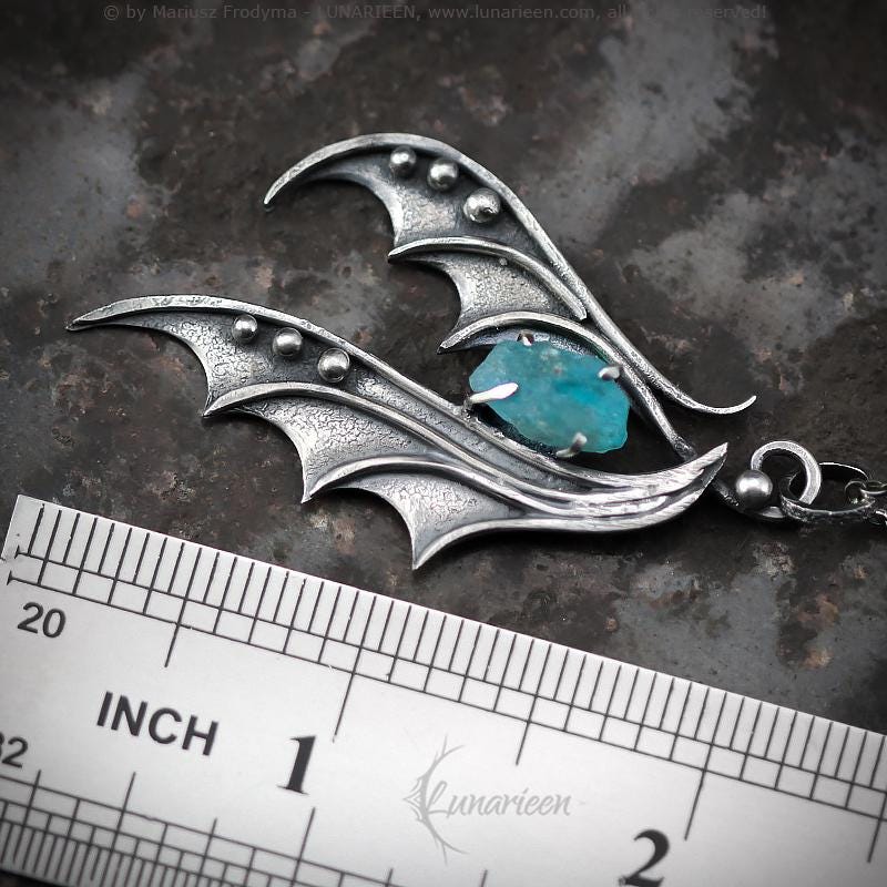 Handcrafted Ornate Textured Sterling Silver Gothic Fantasy Dragon Wings Pendant Necklace Rough Raw Apatite Oxidized Fancy Shape Unique Gift