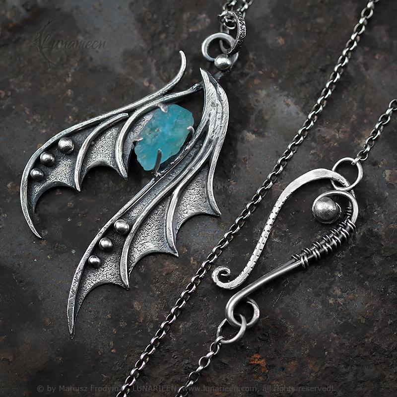 Handcrafted Ornate Textured Sterling Silver Gothic Fantasy Dragon Wings Pendant Necklace Rough Raw Apatite Oxidized Fancy Shape Unique Gift