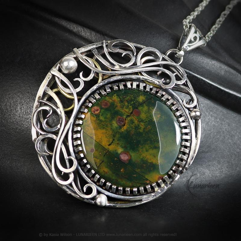 Sterling Silver and Brass Crescent Moon Pagan Pendant Bloodstone jewellery gothic alternative elven unique necklace unisex vampire witchy