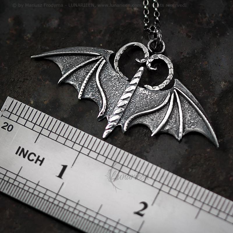 Handcrafted Rustic Textured Oxidized Sterling Silver Gothic Fantasy Bat Wings Vampire Pendant Necklace Unique Gift for Her Him
