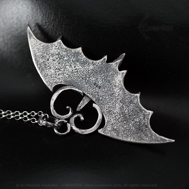 Handcrafted Rustic Textured Oxidized Sterling Silver Gothic Fantasy Bat Wings Vampire Pendant Necklace Unique Gift for Her Him