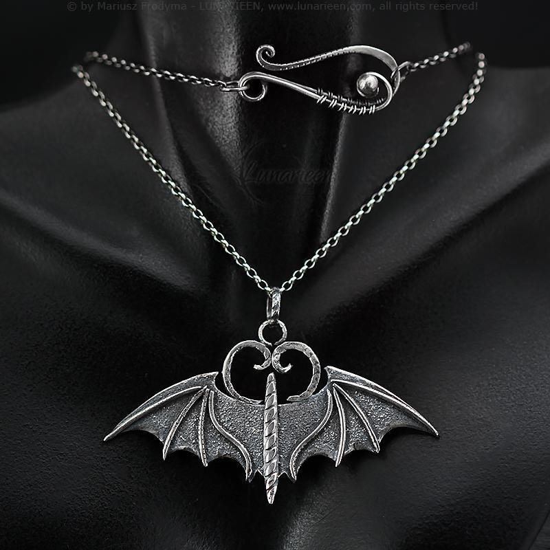 Handcrafted Rustic Textured Oxidized Sterling Silver Gothic Fantasy Bat Wings Vampire Pendant Necklace Unique Gift for Her Him