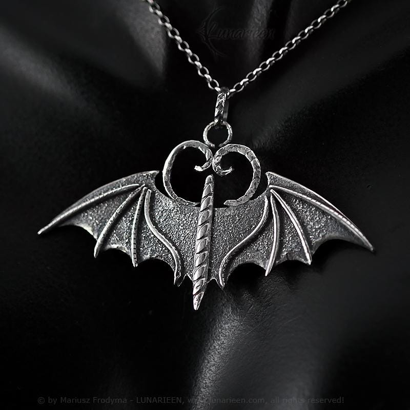 Handcrafted Rustic Textured Oxidized Sterling Silver Gothic Fantasy Bat Wings Vampire Pendant Necklace Unique Gift for Her Him