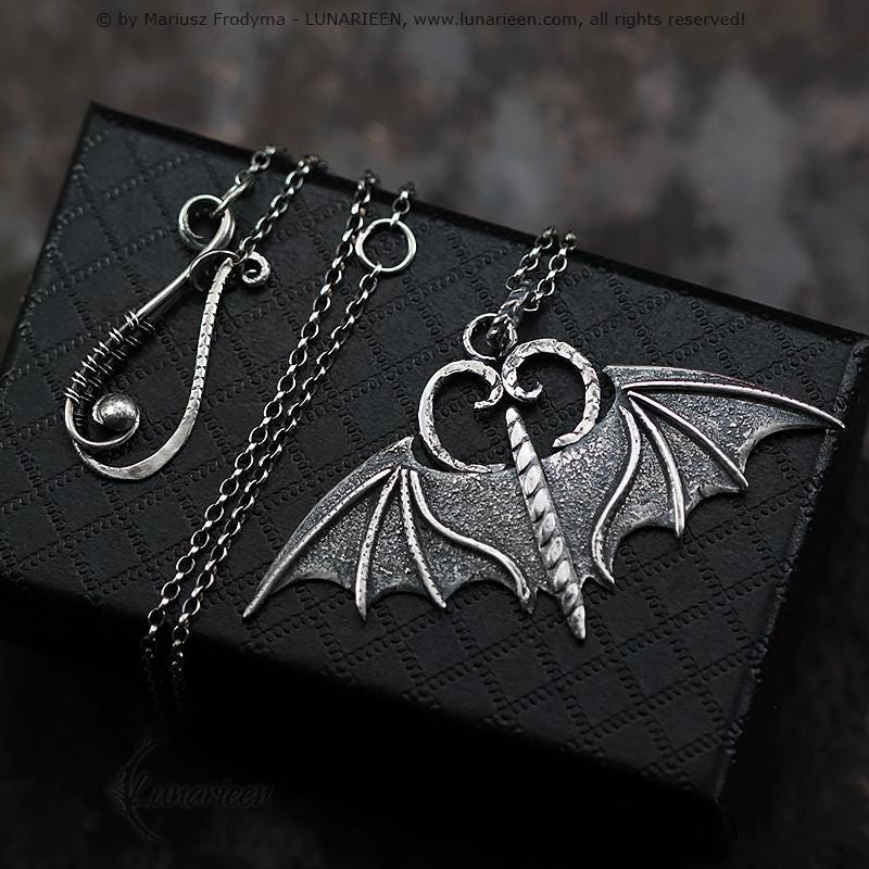 Handcrafted Rustic Textured Oxidized Sterling Silver Gothic Fantasy Bat Wings Vampire Pendant Necklace Unique Gift for Her Him